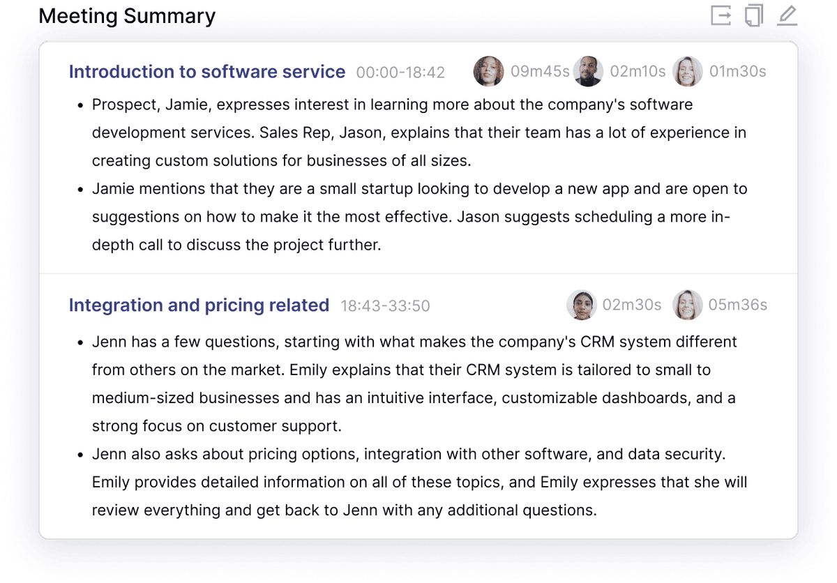 A screenshot of the page showcasing Spiky transcription, meeting summary, and critical action items for efficient review.