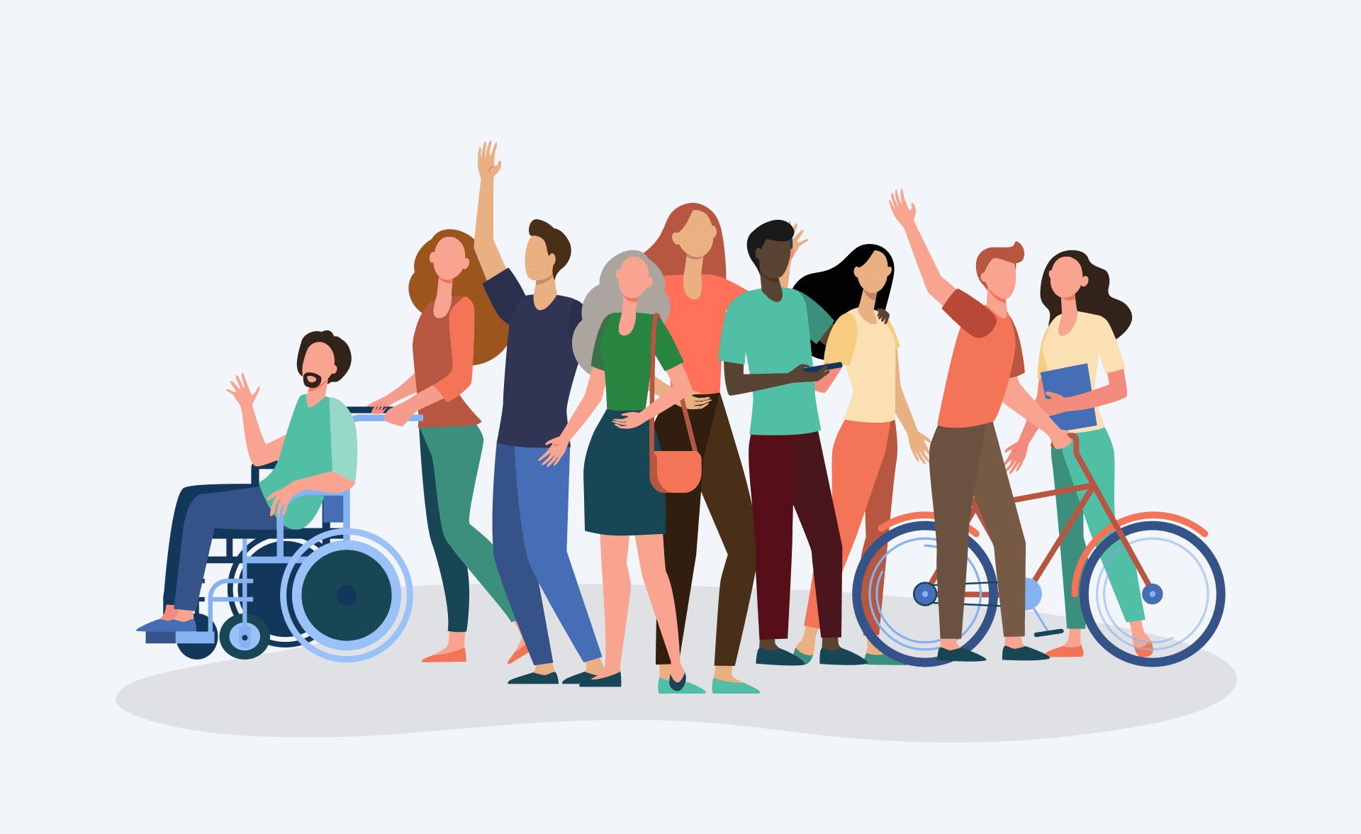 One person is in a wheelchair, while others stand, walk, or interact with each other. The group is shown in a positive, inclusive light, symbolizing unity, diversity, and inclusion.