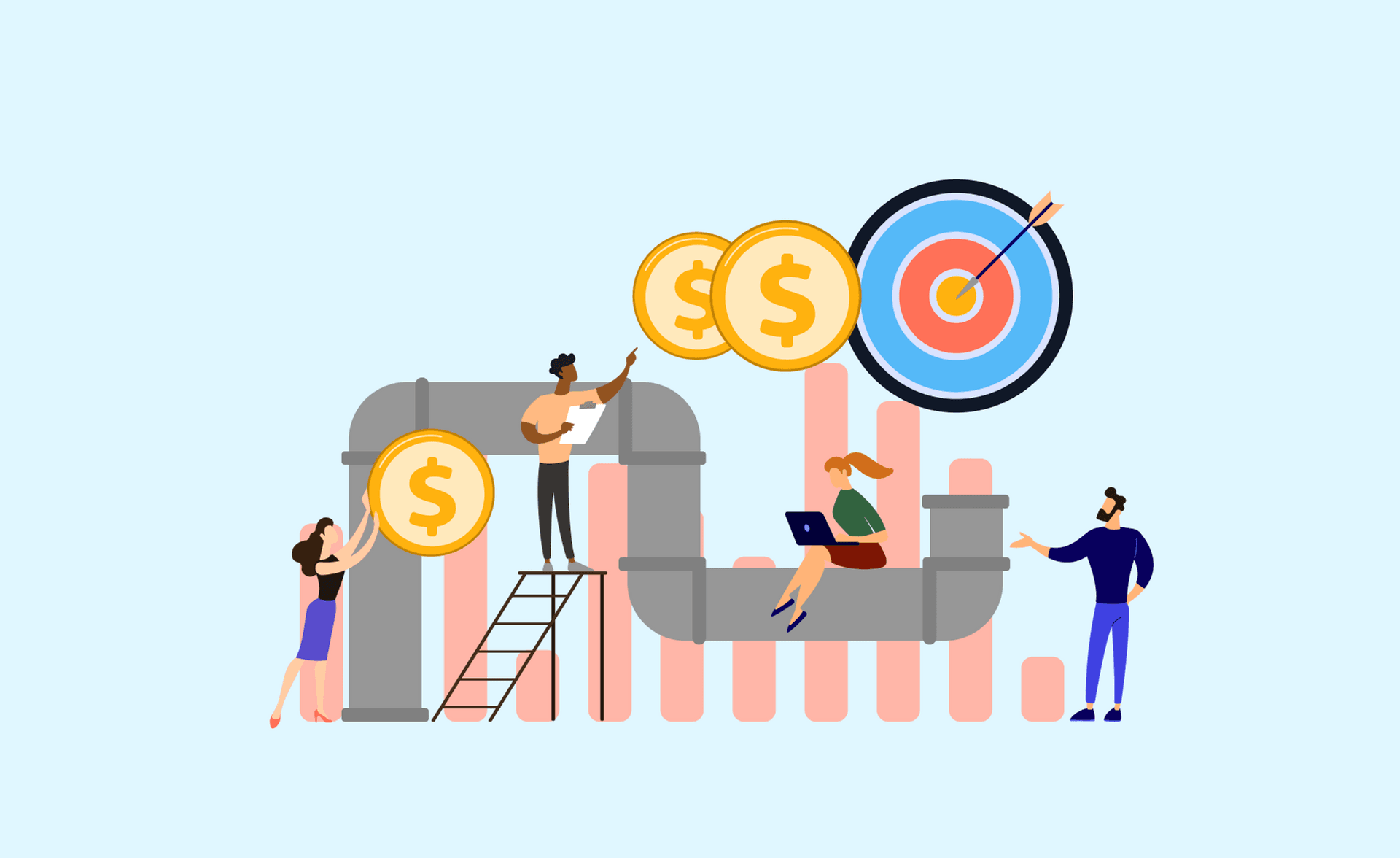 A group of individuals gathers around a target marked with money, symbolizing sales goals and pipeline management strategies.