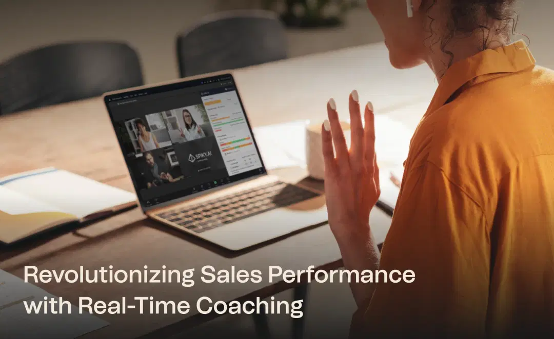 A professional woman in an orange shirt participates in a virtual meeting on a laptop, showcasing Spiky AI's real-time coaching platform. 