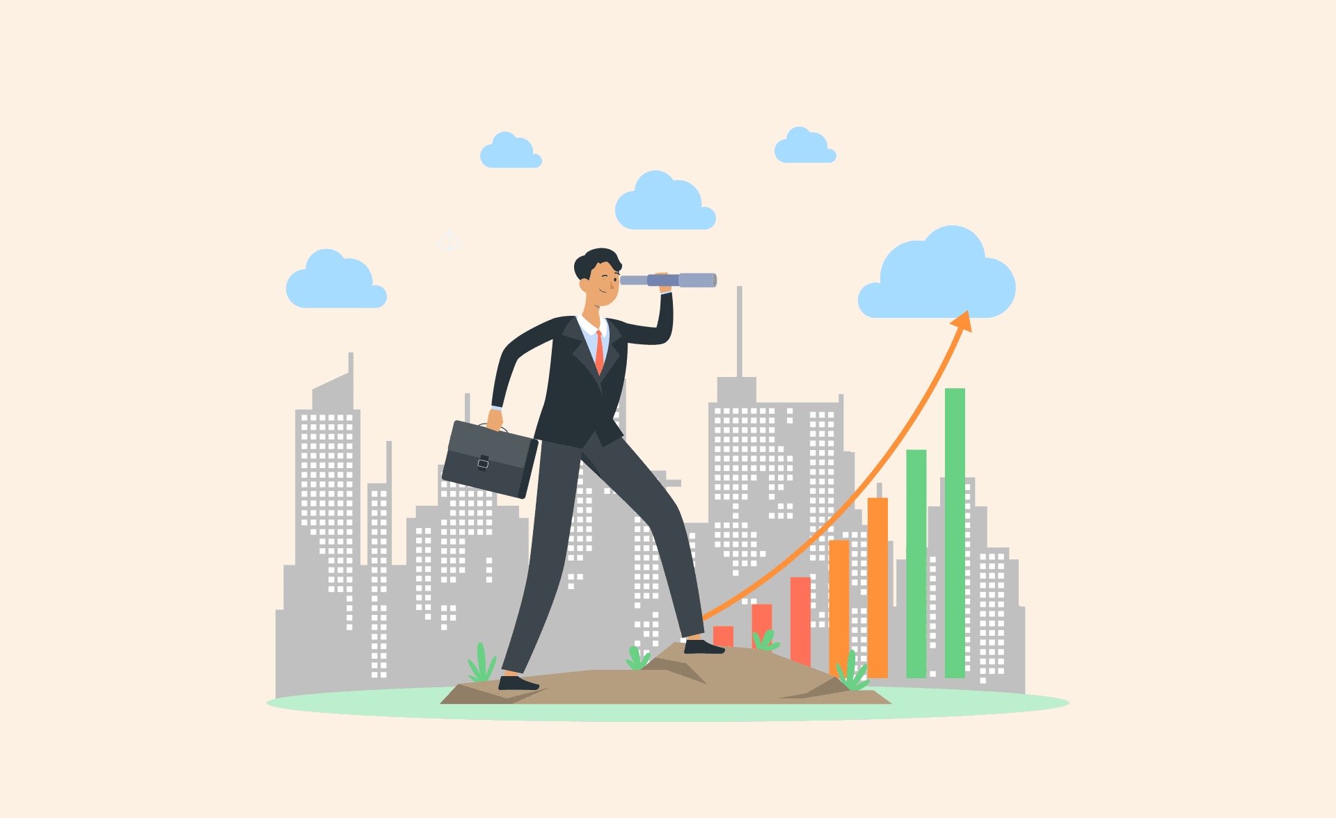 Business professional with telescope and growth chart in cityscape, symbolizing outbound sales growth and future planning.