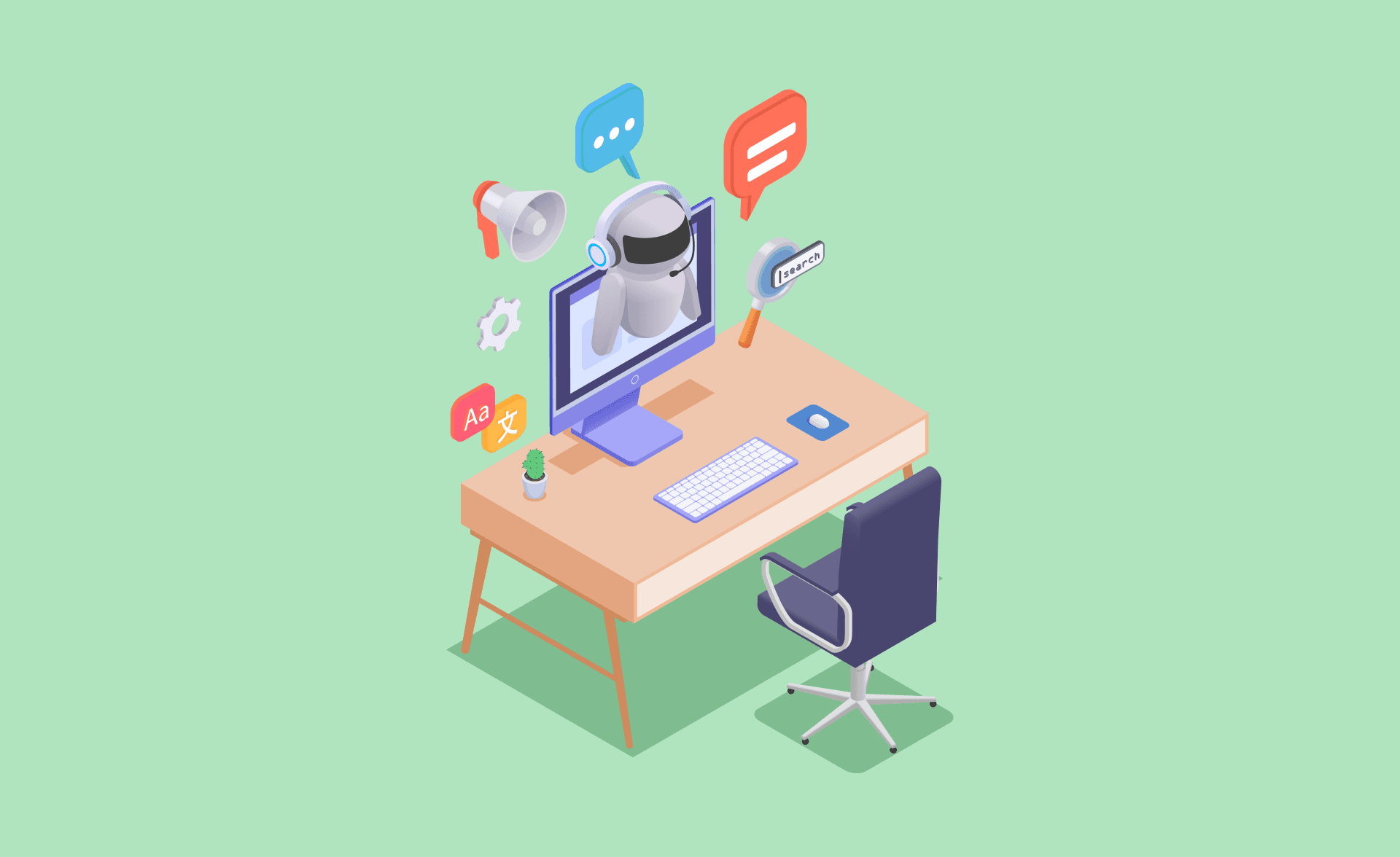 This is an illustration of a desk featuring a computer, a chair, and a phone, symbolizing modern remote teamwork and productivity.