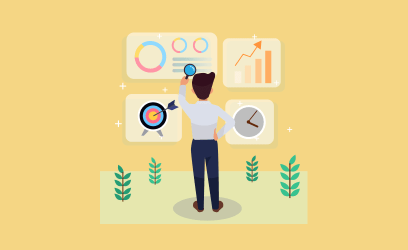 Businessman presenting sales strategy in front of a board with graphs and charts.