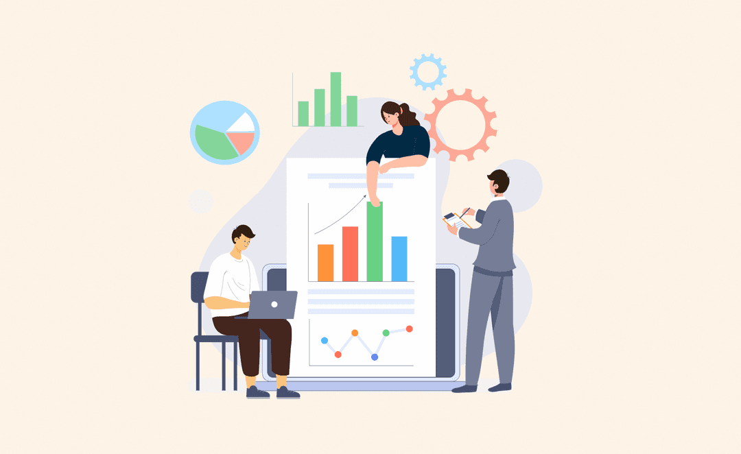 Illustration of a team analyzing sales data with charts, graphs, and reports, showcasing collaboration and data-driven insights.