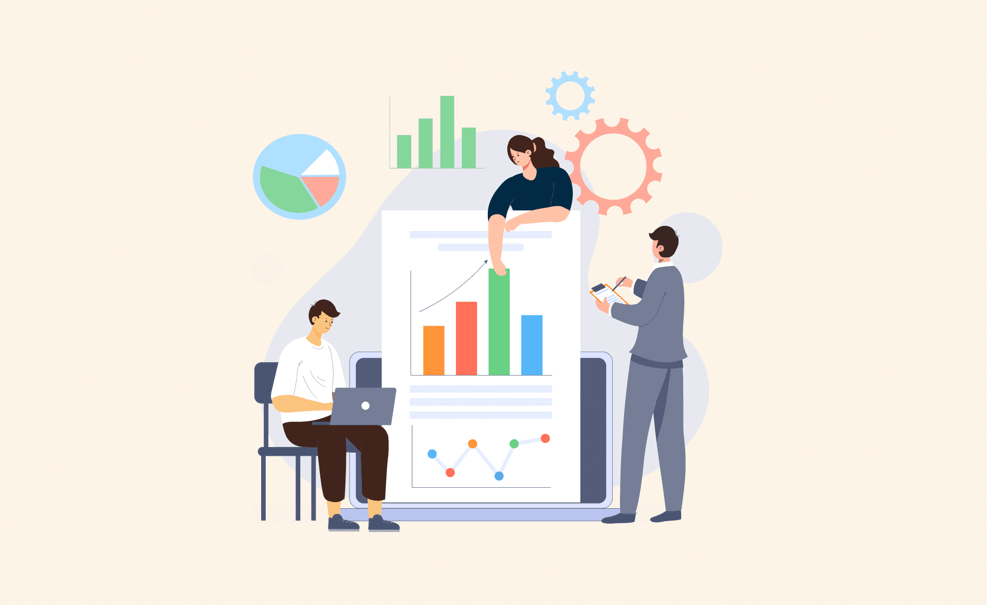 Illustration of a team analyzing sales data with charts, graphs, and reports, showcasing collaboration and data-driven insights.