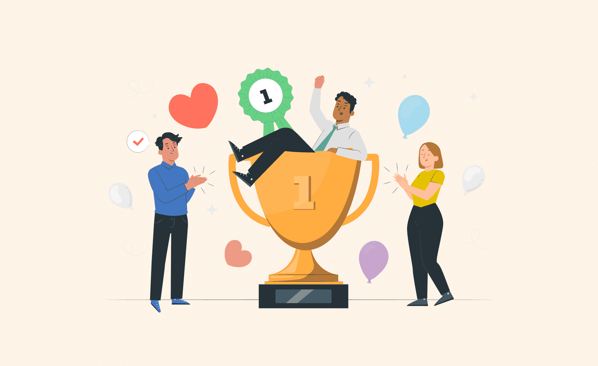 The cheerful scene, surrounded by balloons and heart symbols, represents winning hearts and deals, echoing the spirit of a friendly and effective sales engagement process.