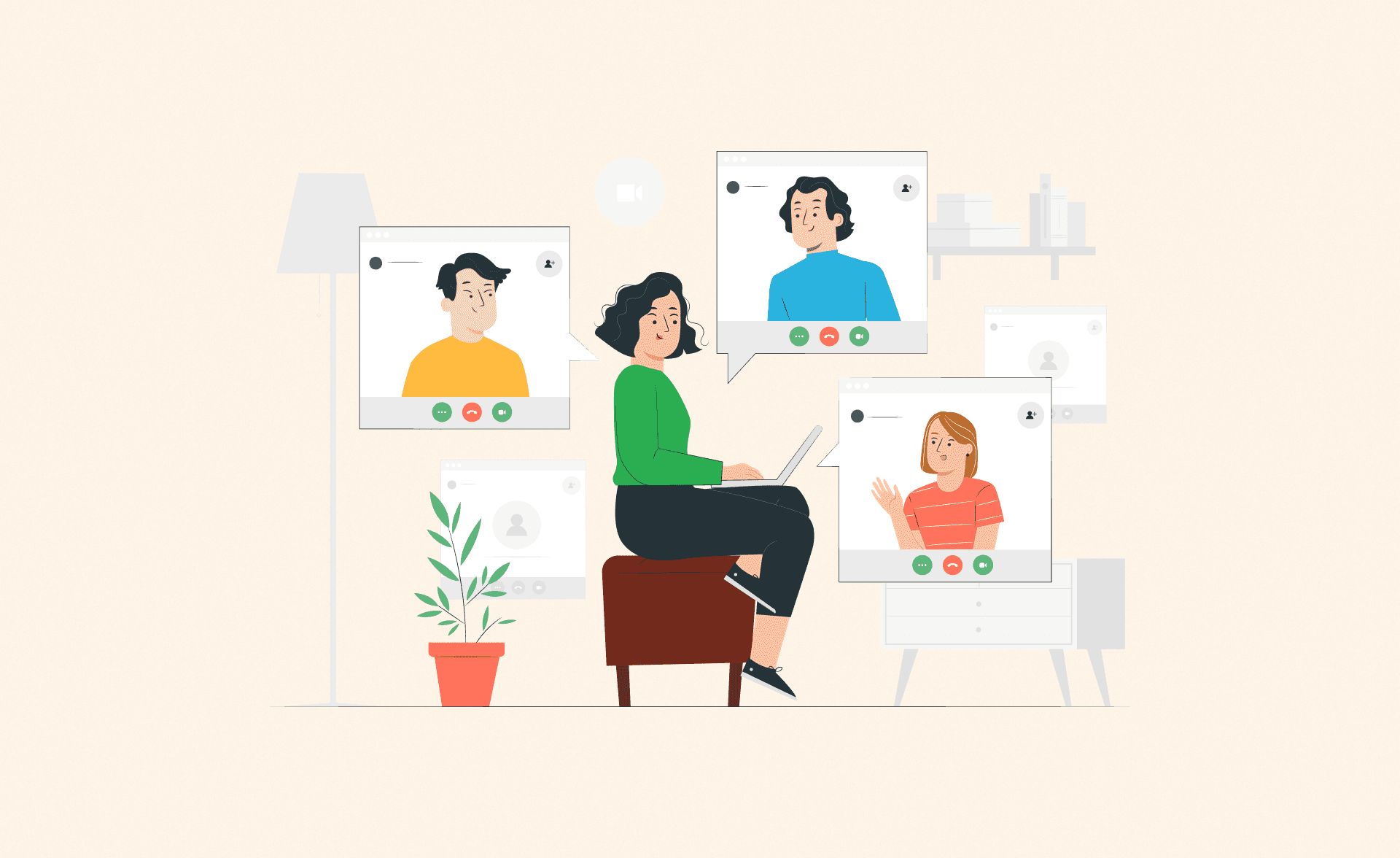 Illustration of a woman engaged in virtual conversations with four individuals on video call interfaces.