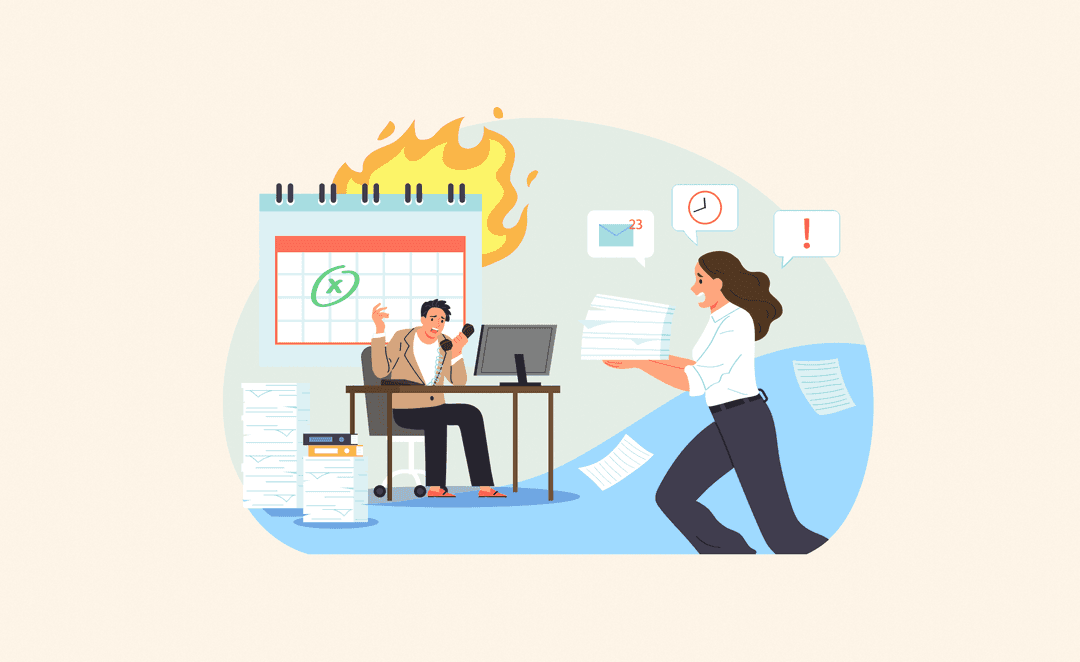 Illustration of a stressed office scene: an overwhelmed man at a desk, a burning calendar, and a rushing woman carrying piles of paperwork.
