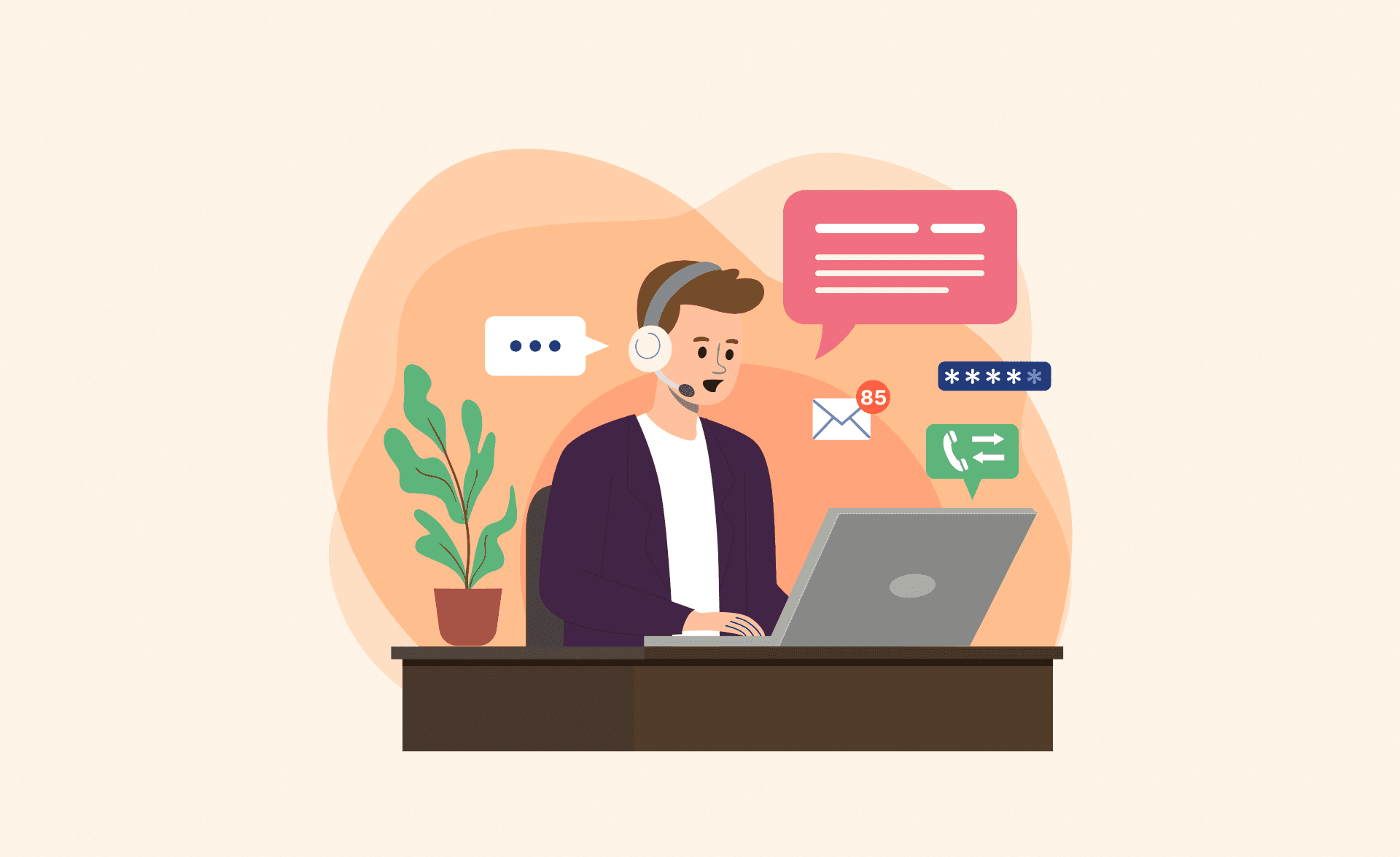 Illustration of a sales rep with a headset, managing emails, calls, and messages on a laptop.