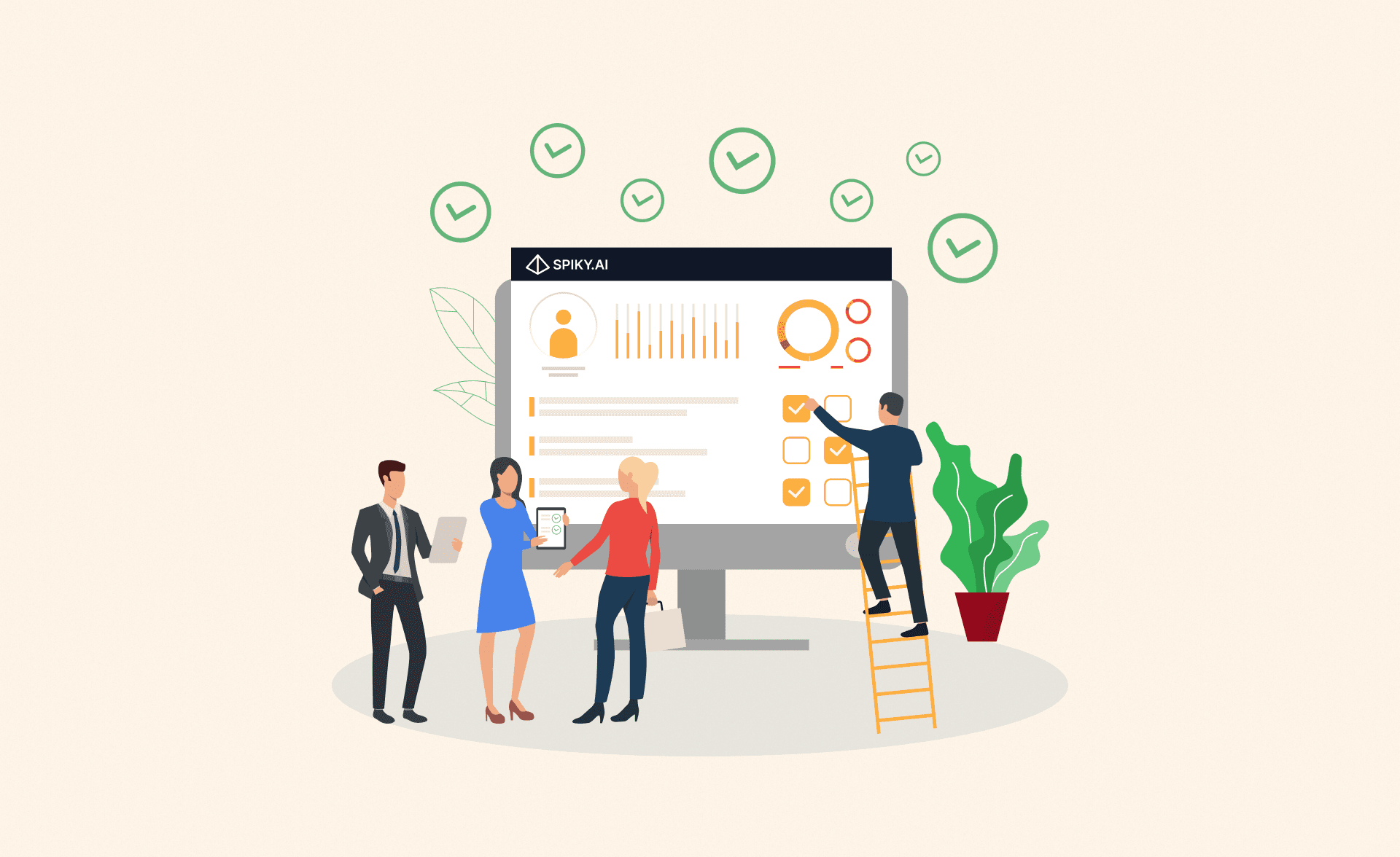 Illustration of professionals collaborating on a Spiky dashboard displaying customer success metrics with charts, checkboxes, and checkmarks.