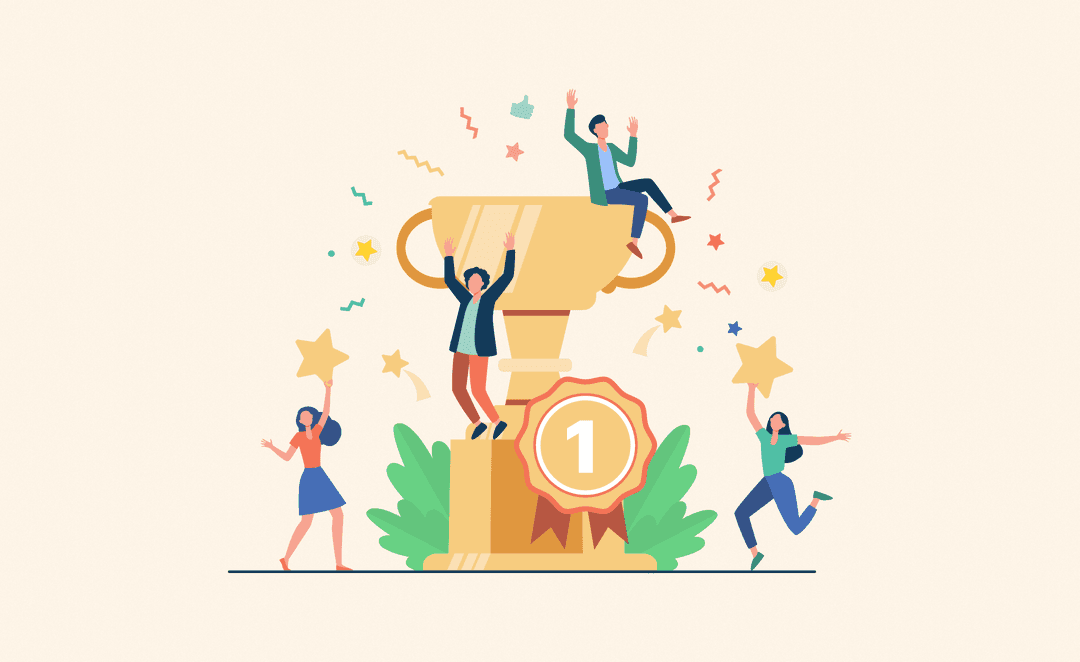 Illustration of a joyful team celebrating success with a large golden trophy, confetti, and stars, symbolizing achievement and teamwork.