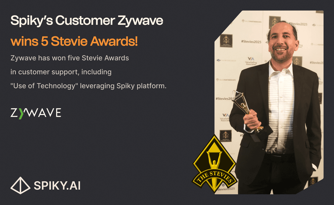 Zywave wins five Stevie Awards for customer support, including one for using Spiky. A man holds the trophy in front of a Stevie's backdrop.