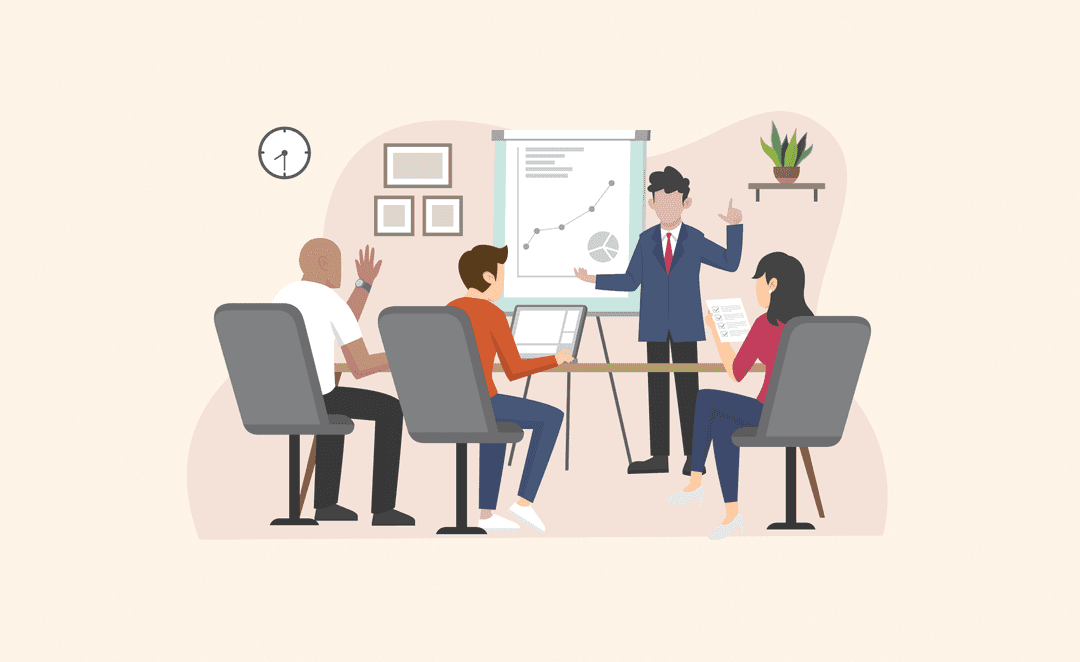 Illustration of a business meeting with a presenter standing in front of a flip chart showing growth graphs, while four team members sit and engage.