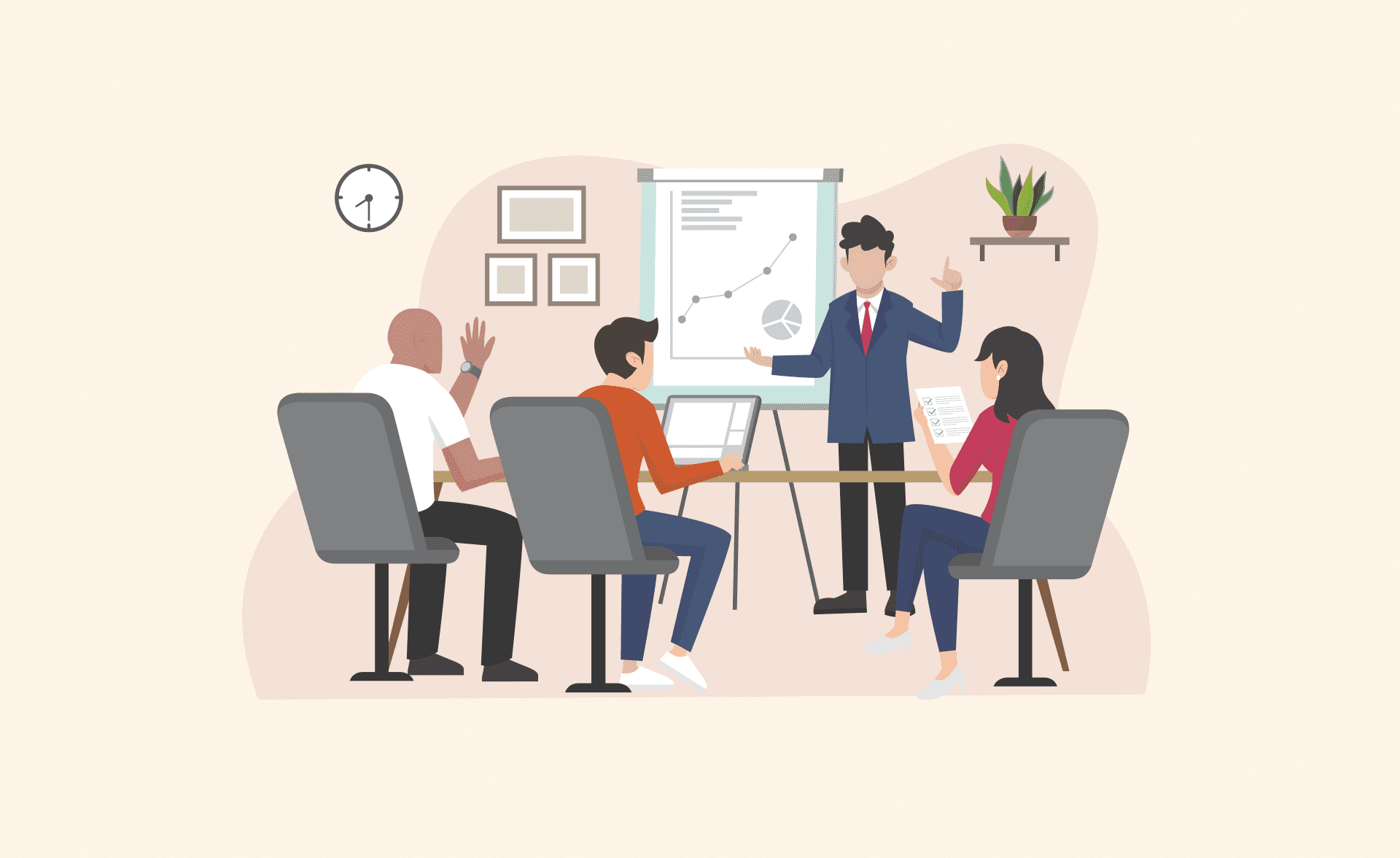 Illustration of a business meeting with a presenter standing in front of a flip chart showing growth graphs, while four team members sit and engage.