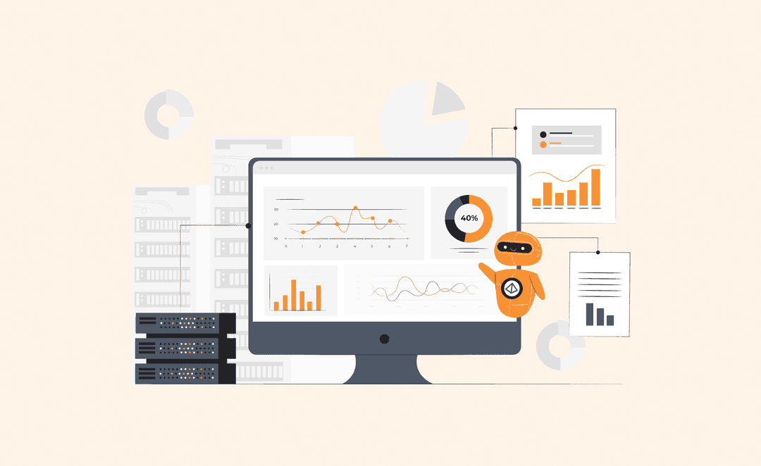 Illustration of business professionals analyzing data from a large Spiky dashboard, with two team members assembling a pie chart and others discussing performance trends.