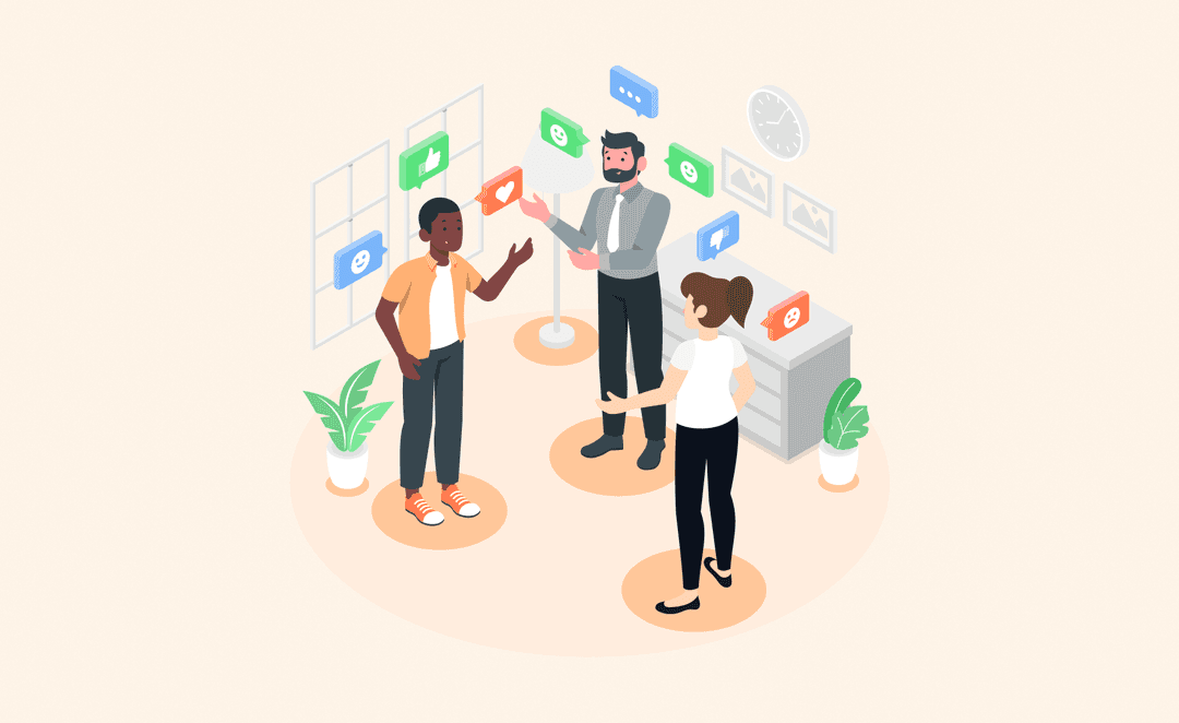 Illustration of three people having a discussion surrounded by floating reaction icons like thumbs up, heart, and smiley faces, symbolizing feedback and engagement.