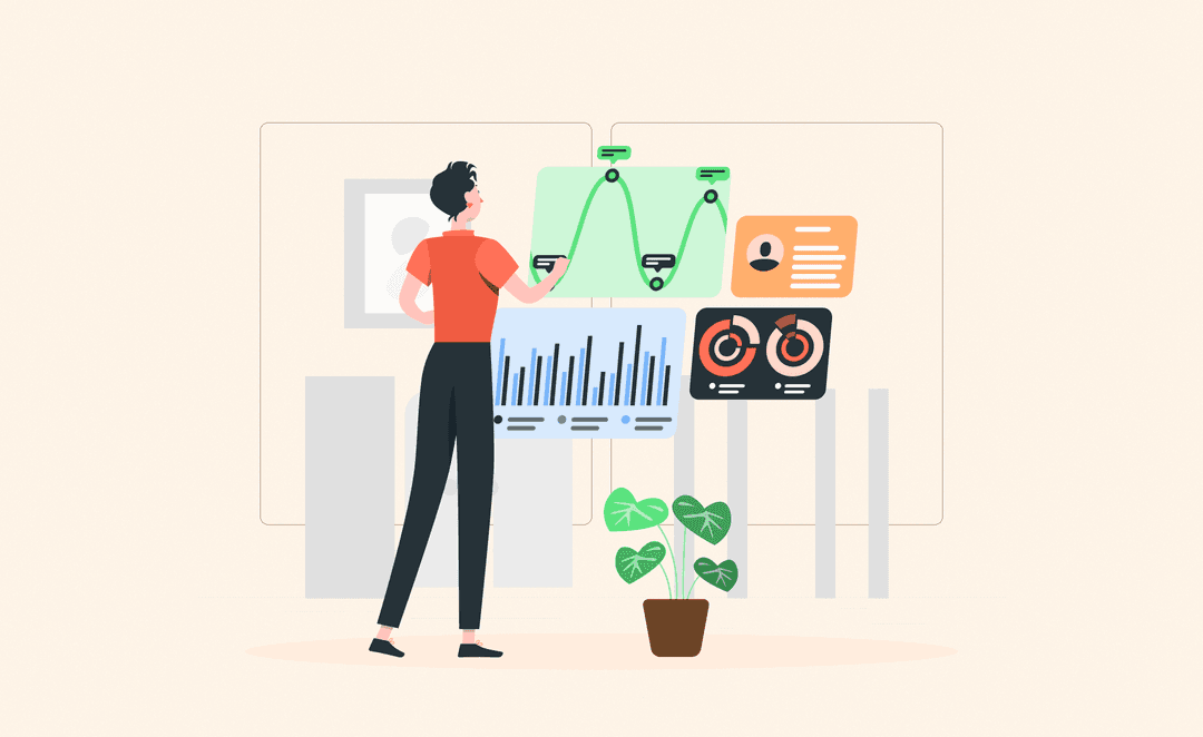 Illustration of a person analyzing sales data on multiple digital dashboards, including charts, graphs, and performance metrics, with a plant nearby.