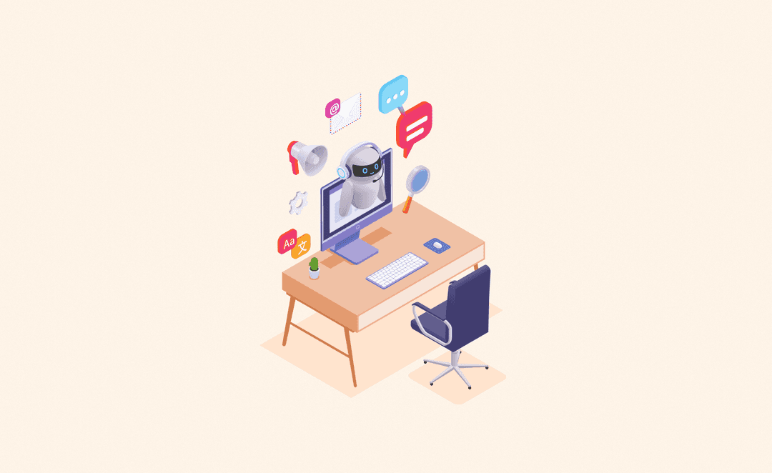Illustration of a desktop setup featuring a computer displaying a friendly robot assistant, surrounded by icons for chat, email, translation, and automation that symbolize AI-driven virtual support.

