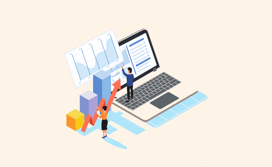 Illustration of two business professionals analyzing data charts and bar graphs emerging from a large laptop, symbolizing digital sales forecasting and performance tracking.