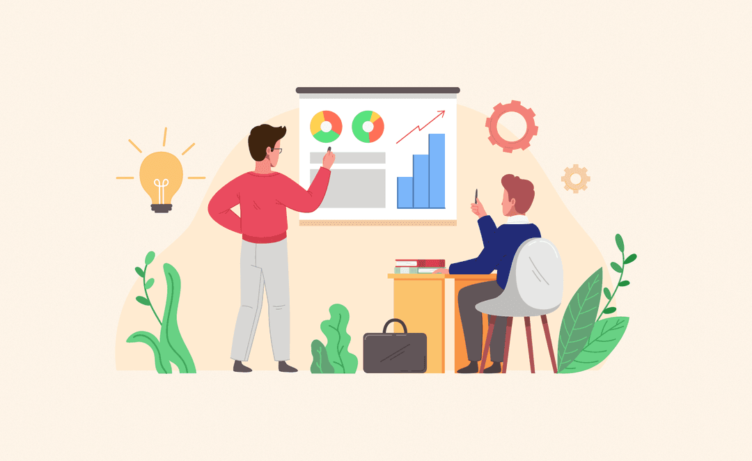 Illustration of two professionals in a business meeting, analyzing pie charts and bar graphs on a presentation board, surrounded by growth and idea icons, representing strategy planning and performance review.
