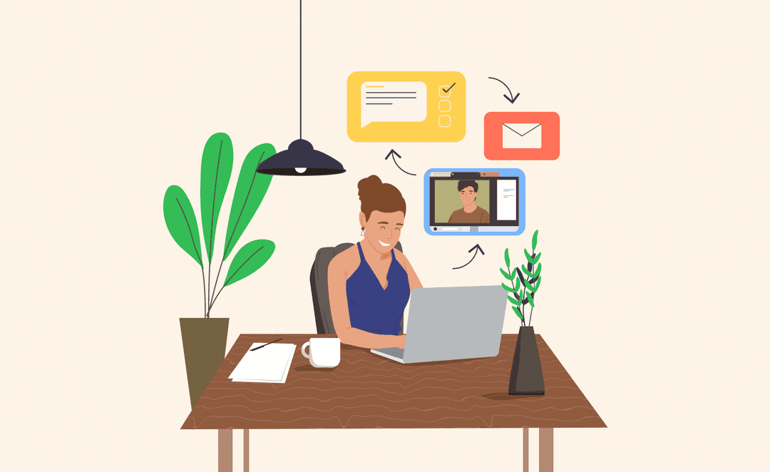 Illustration of a woman working on a laptop at a desk during a virtual meeting, surrounded by icons representing task checklists, email, and video calls.