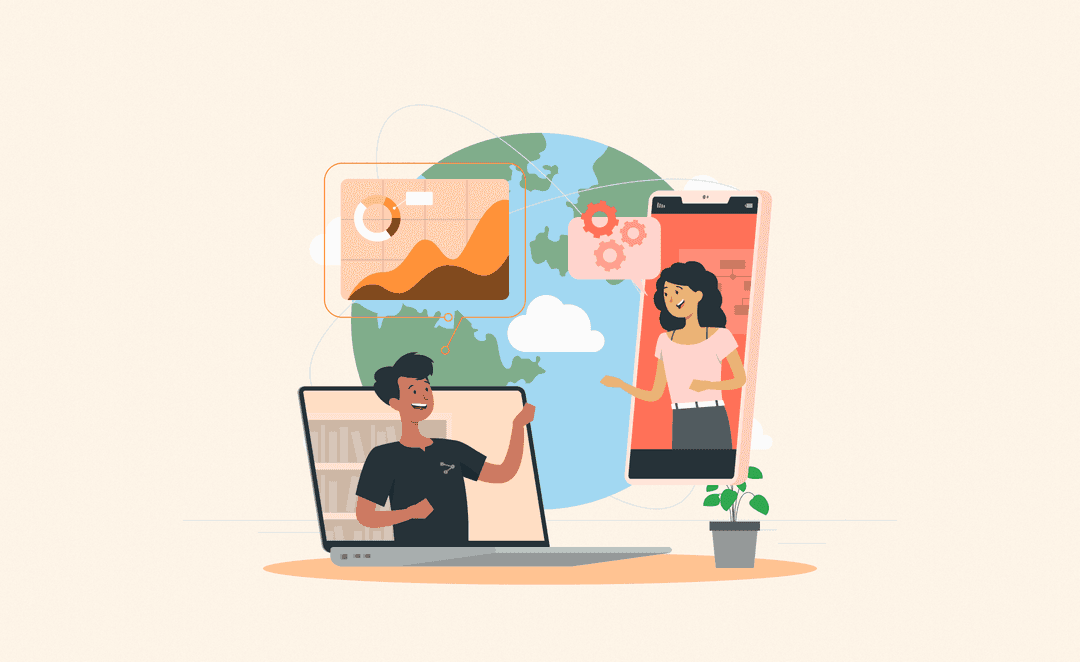 Illustration of two people communicating through a laptop and smartphone screen, with a globe in the background and data charts and gears representing analytics and collaboration.