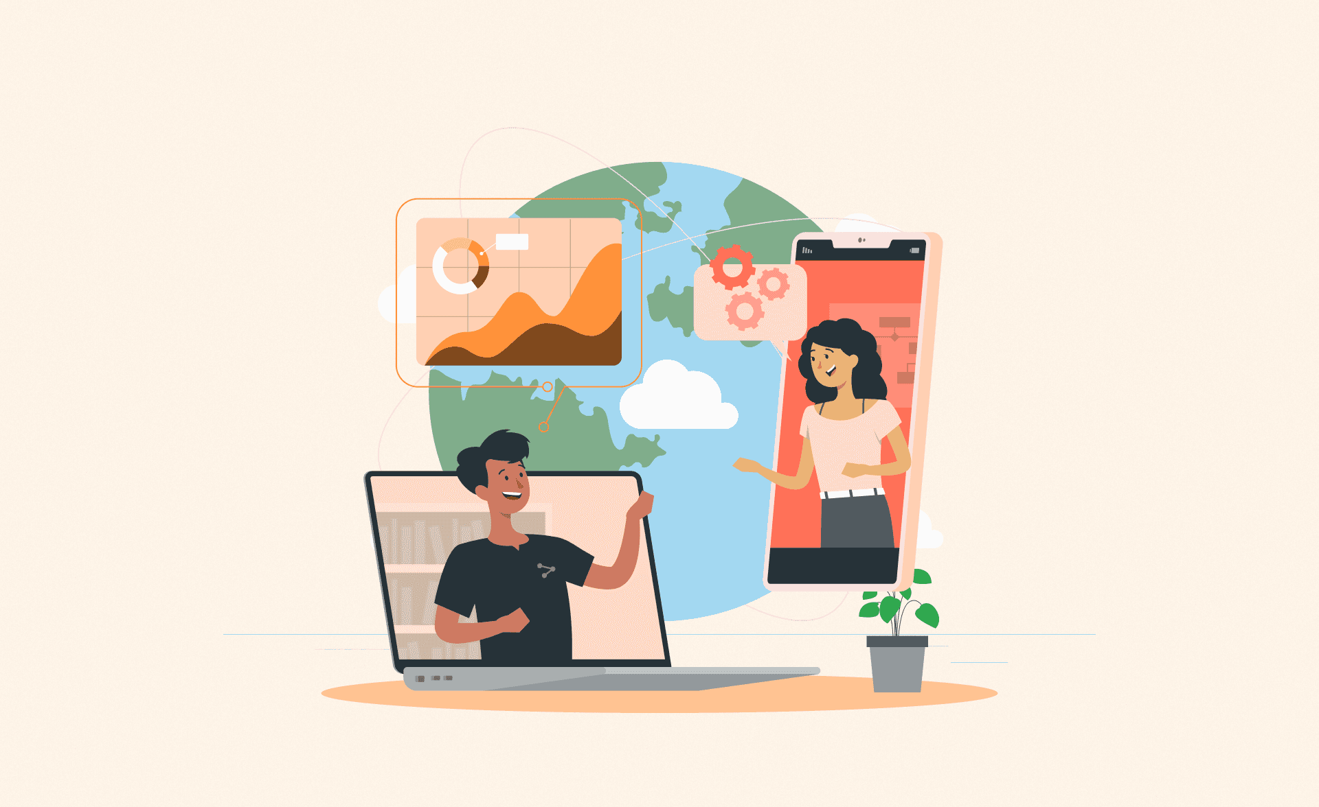 Illustration of two people communicating through a laptop and smartphone screen, with a globe in the background and data charts and gears representing analytics and collaboration.