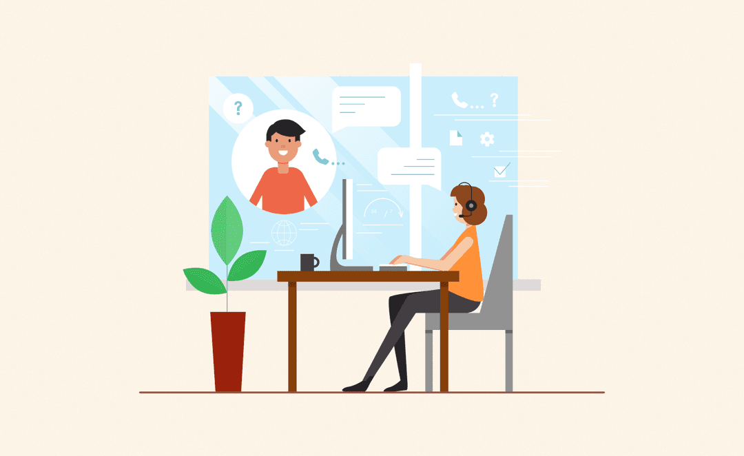 Illustration of a customer support agent wearing a headset, sitting at a desk with a computer, engaging in a virtual conversation with a smiling customer. Digital communication icons and speech bubbles appear in the background, representing online interaction and call center operations.