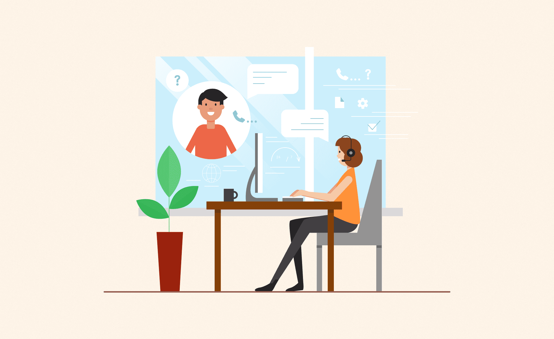 Illustration of a customer support agent wearing a headset, sitting at a desk with a computer, engaging in a virtual conversation with a smiling customer. Digital communication icons and speech bubbles appear in the background, representing online interaction and call center operations.