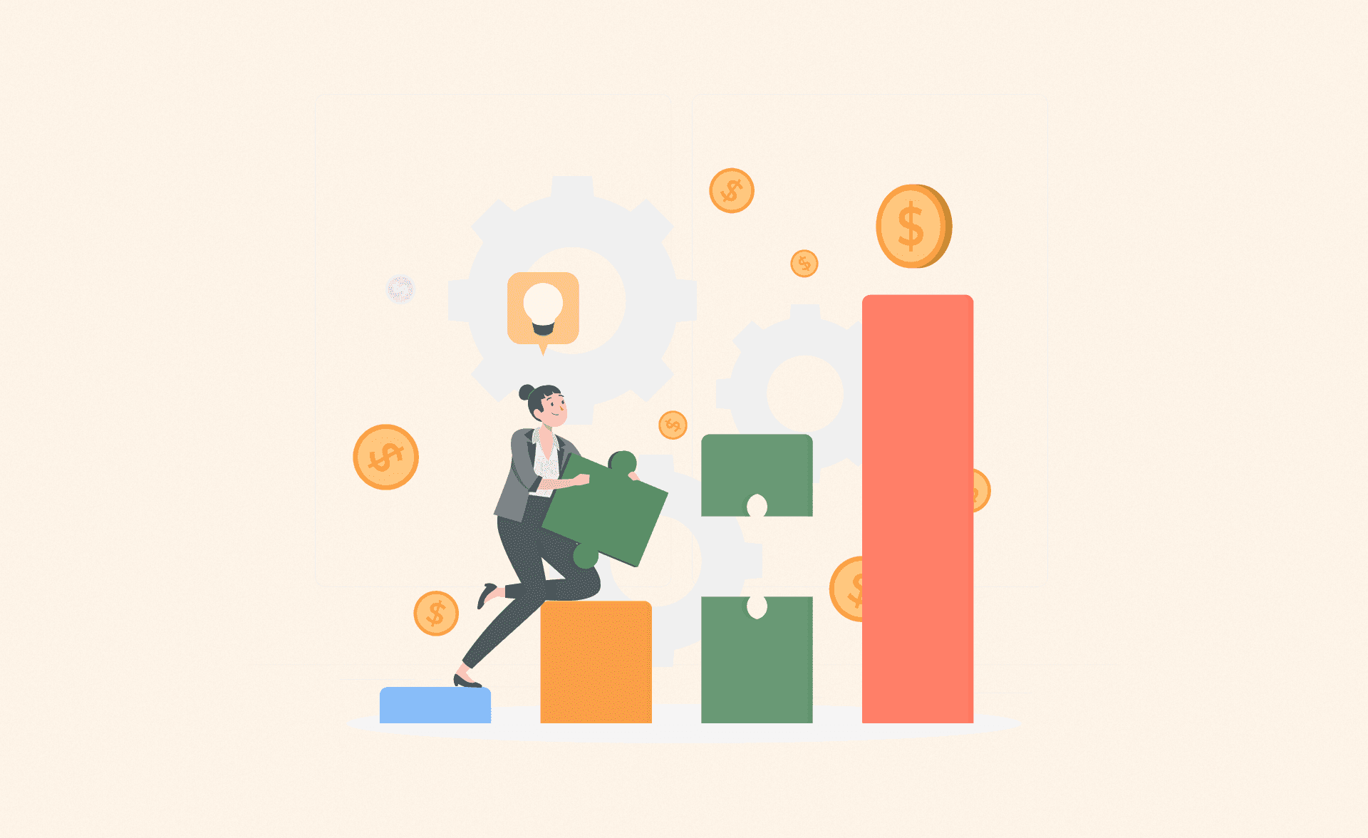 Illustration of a businesswoman placing a puzzle piece on a rising bar chart, surrounded by dollar signs and gears, symbolizing sales growth and strategic qualification.