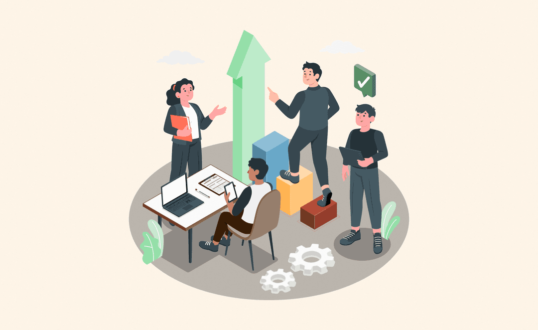 Illustration of a sales team collaborating with laptops, tablets, and reports around a large upward arrow, symbolizing scalable growth and team efficiency.