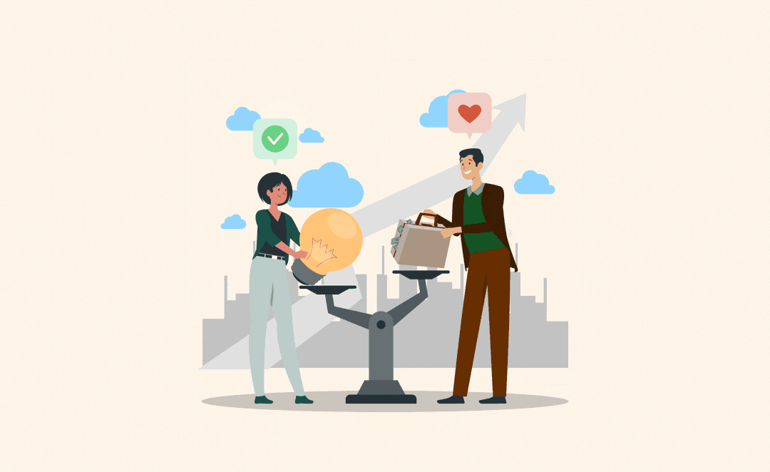Illustration of a woman and a man balancing innovation and value on a scale, symbolizing modern sales leadership powered by empathy, strategy, and AI-driven insights.