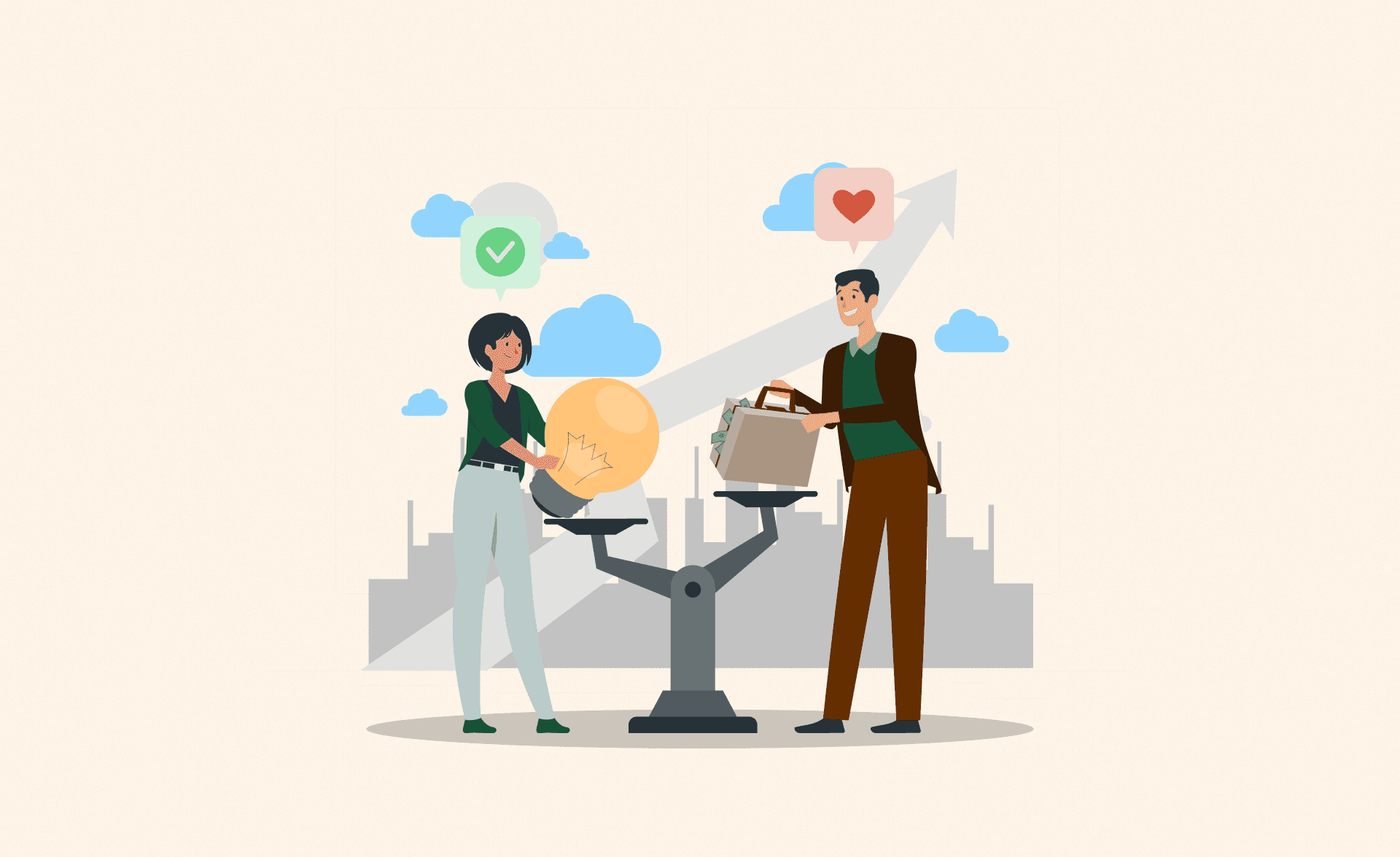 Illustration of a woman and a man balancing innovation and value on a scale, symbolizing modern sales leadership powered by empathy, strategy, and AI-driven insights.