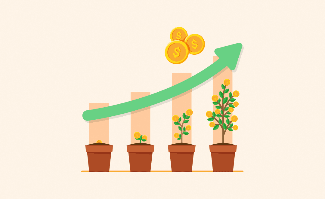 Illustration of growing potted plants symbolizing revenue growth, with gold coins and an upward green arrow showing increasing business success.