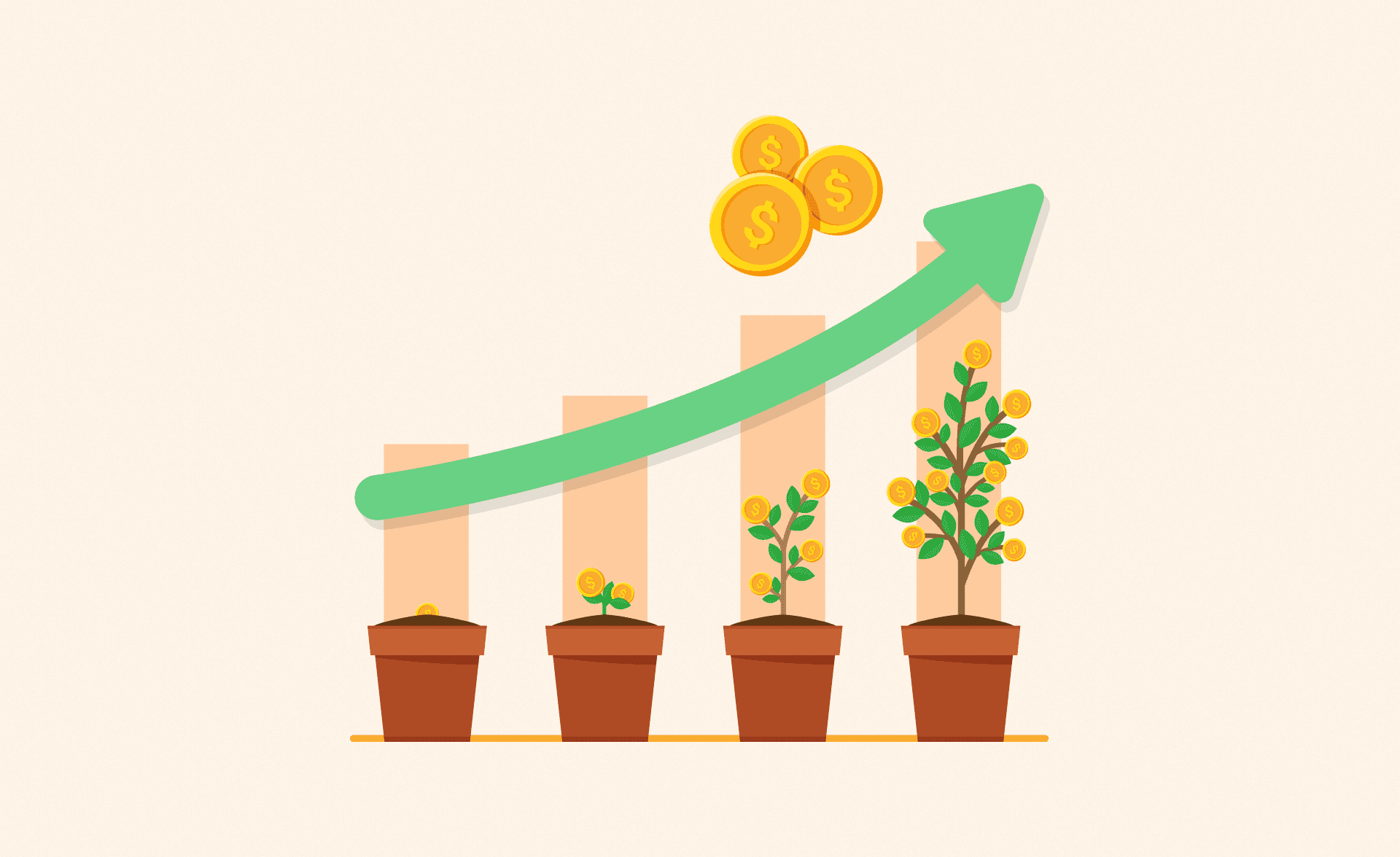 Illustration of growing potted plants symbolizing revenue growth, with gold coins and an upward green arrow showing increasing business success.