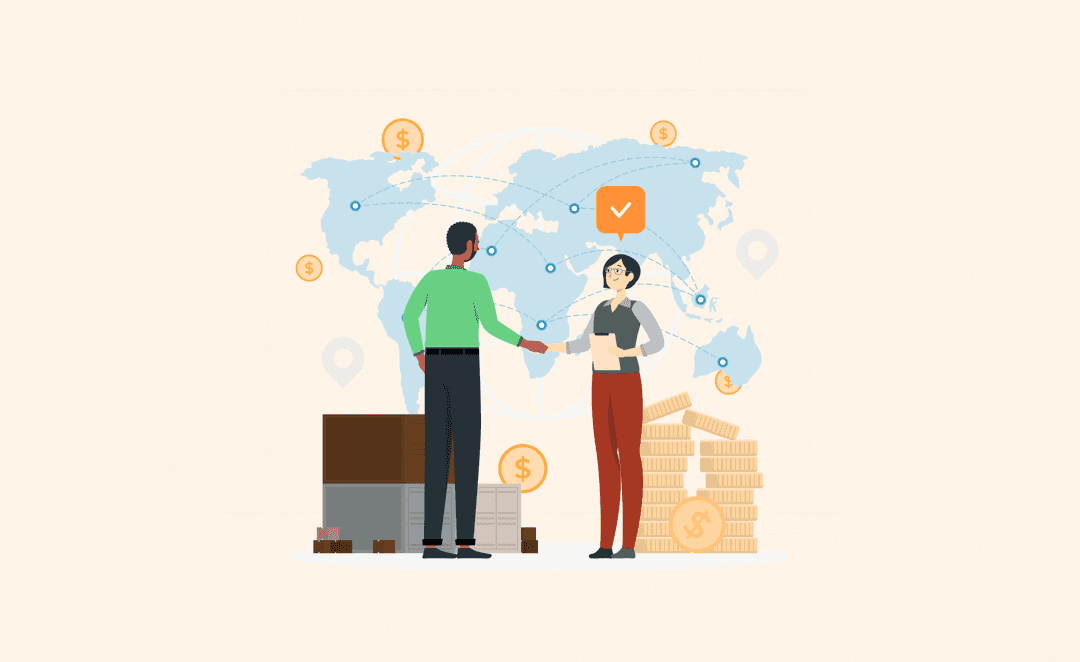 Illustration of two business professionals shaking hands in front of a global map, symbolizing ethical international sales and AI-driven revenue growth.