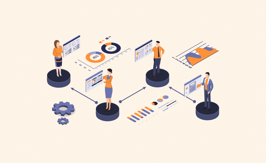 Illustration of business professionals interacting with connected dashboards and analytics, representing integrated sales workflows and data automation.