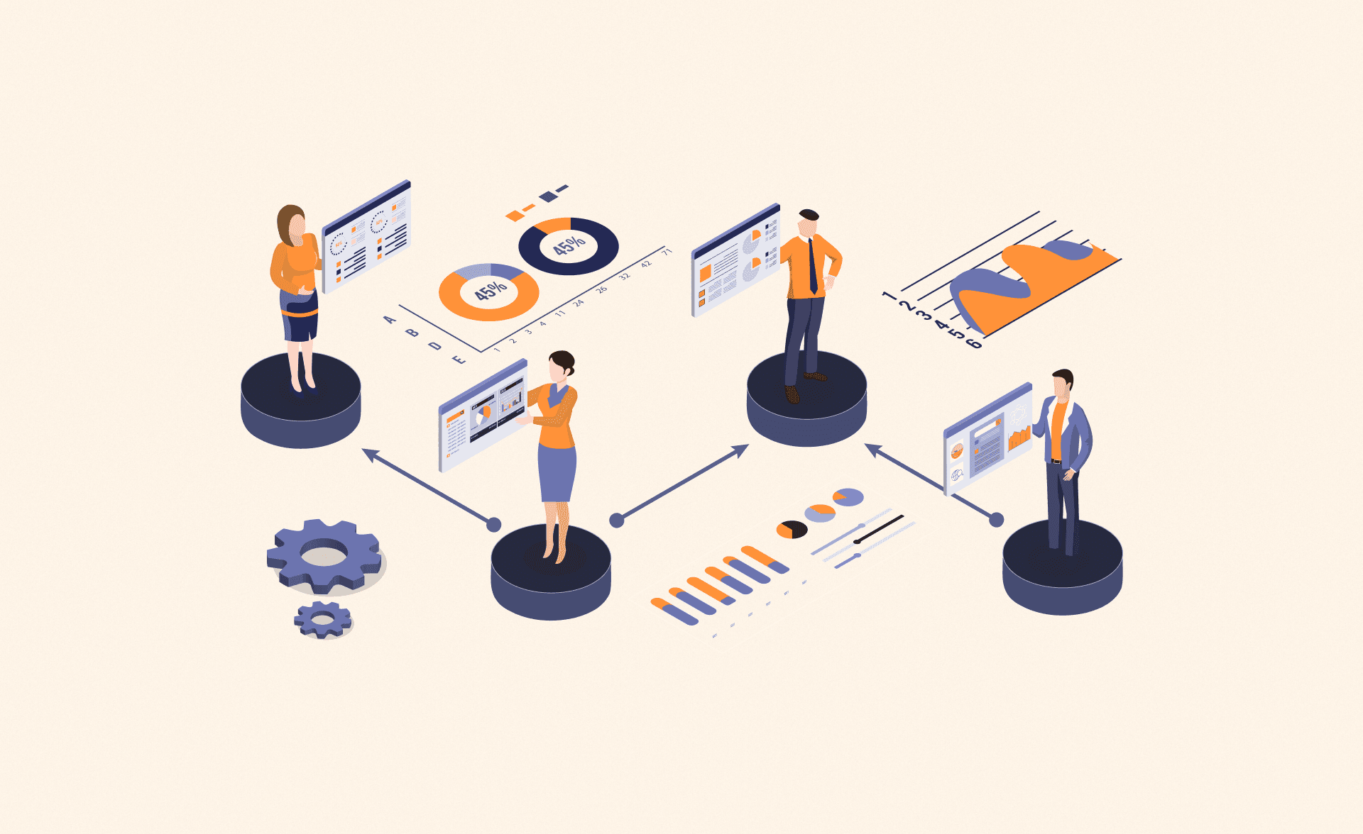 Illustration of business professionals interacting with connected dashboards and analytics, representing integrated sales workflows and data automation.