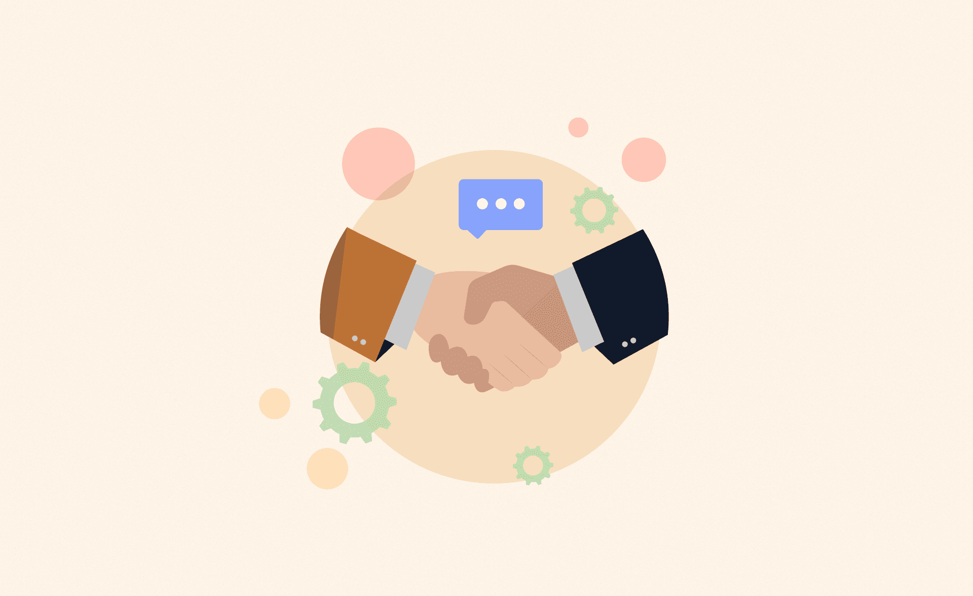 Illustration of two businesspeople shaking hands, with chat and gear icons, symbolizing alignment, collaboration, and sales deal execution.