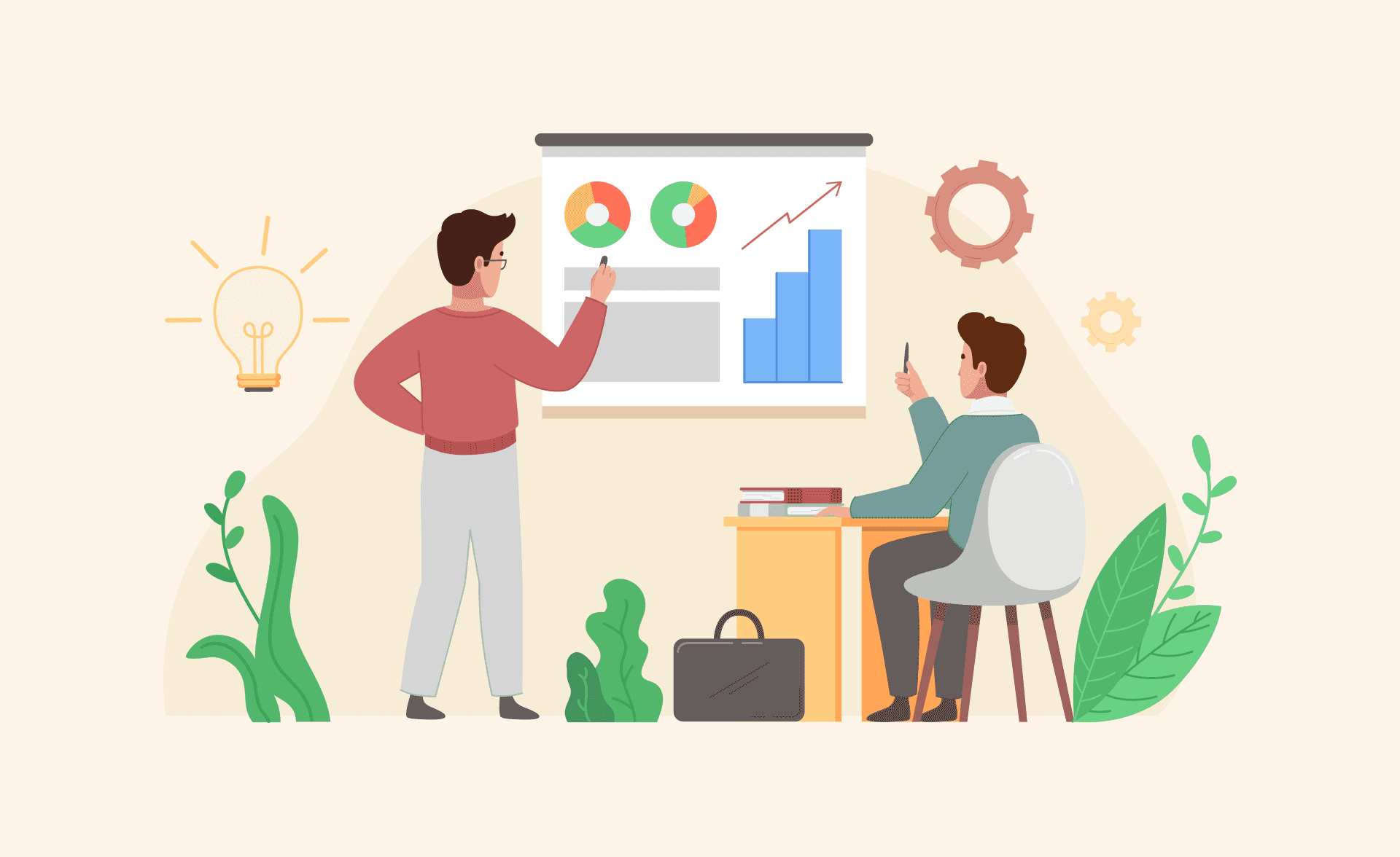 Illustration of a sales coaching session with one person presenting charts and another taking notes, symbolizing data-driven performance improvement.