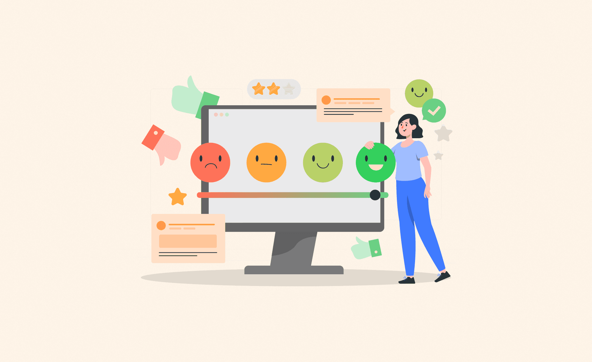 Illustration of a person adjusting emotion icons on a computer screen, representing sentiment analysis and emotional intelligence in sales.