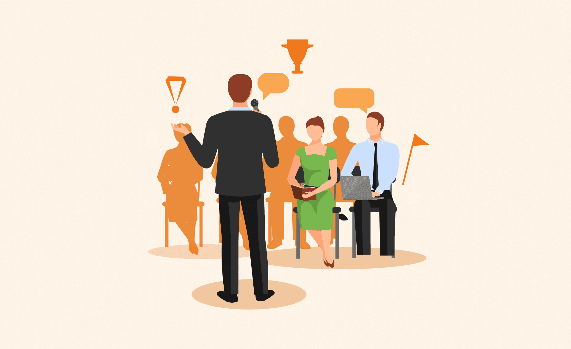 Illustration of a speaker addressing a group of professionals, with two audience members in full color taking notes and using a laptop, while others are shown as silhouettes. Speech bubbles and icons like a trophy, exclamation mark, and flag represent engagement, ideas, and achievement.