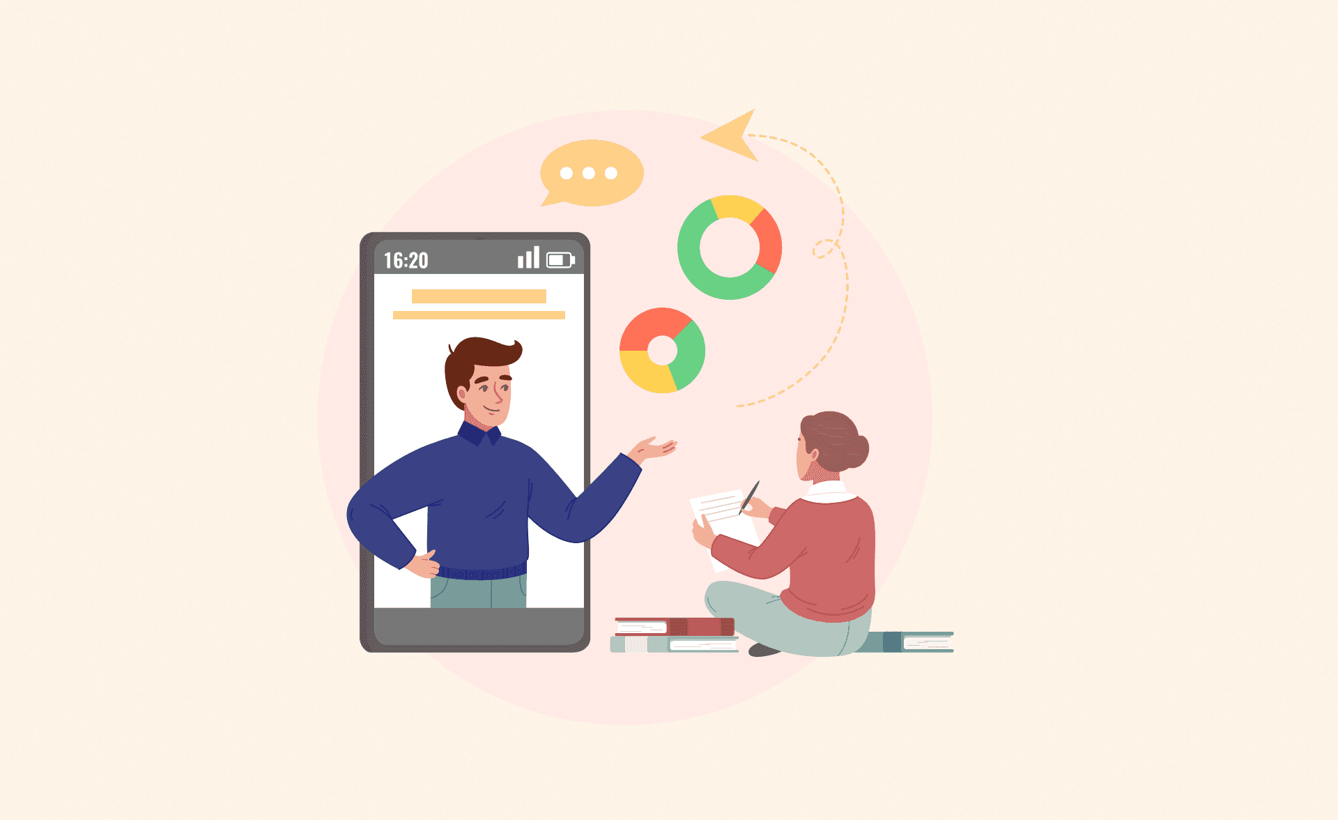 Illustration of a woman sitting on books and taking notes while a man appears on a large smartphone screen, explaining data with colorful pie charts and speech bubbles.