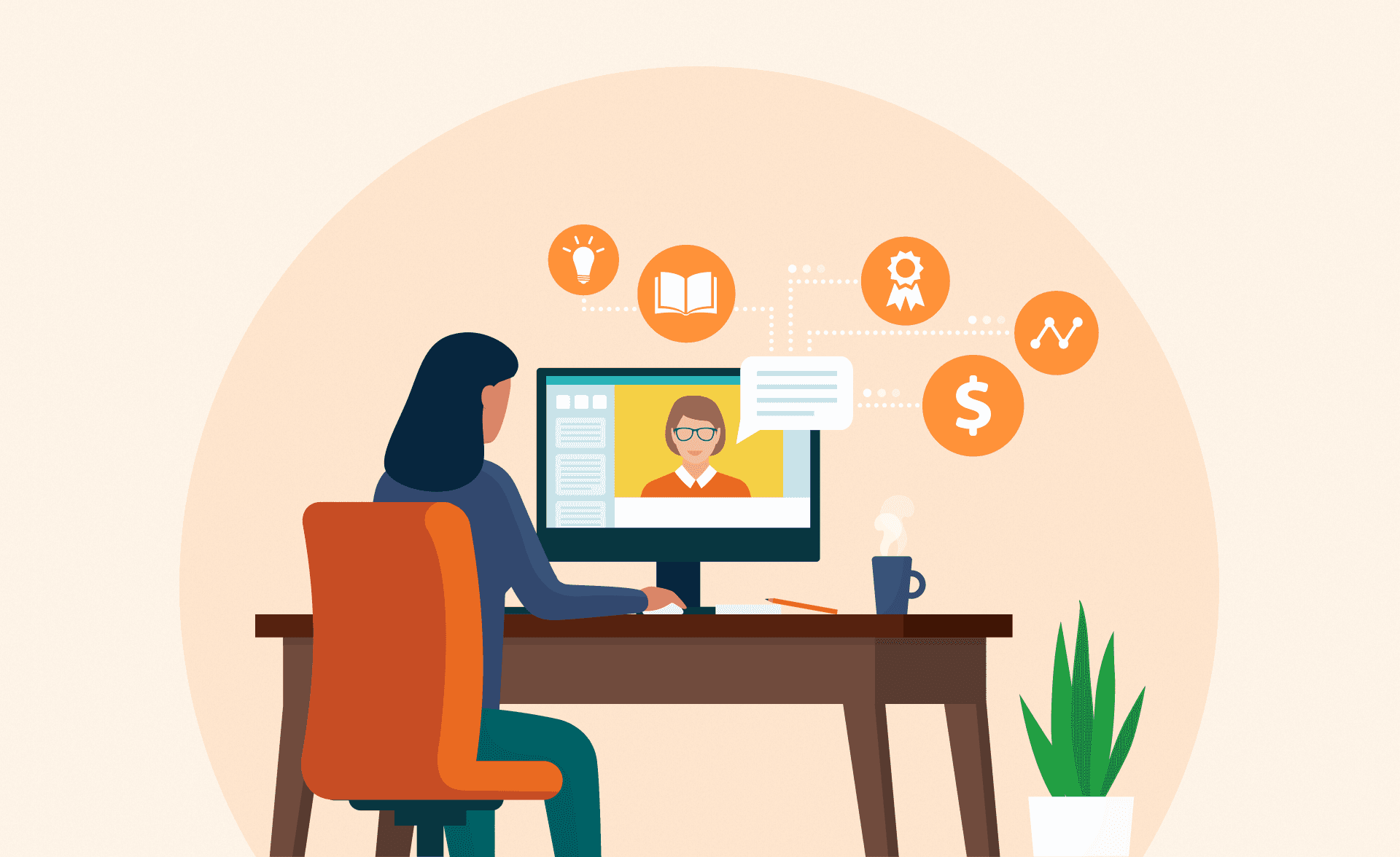 Illustration of a woman sitting at a desk having a video call on a computer, with icons above showing ideas, learning, achievement, money, and growth.