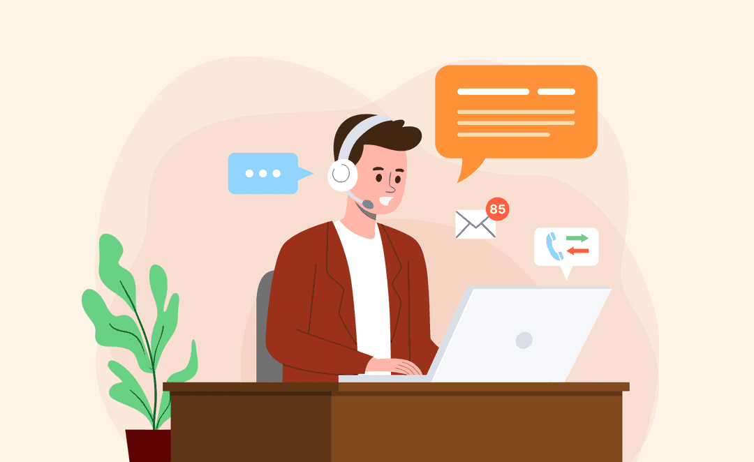Illustration of a smiling sales representative wearing a headset, working on a laptop at a desk with chat bubbles, email notifications, and call icons around them.