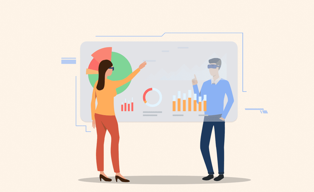 "Illustration of two people using augmented reality glasses to analyze data charts and graphs on a large virtual screen, representing futuristic analytics."