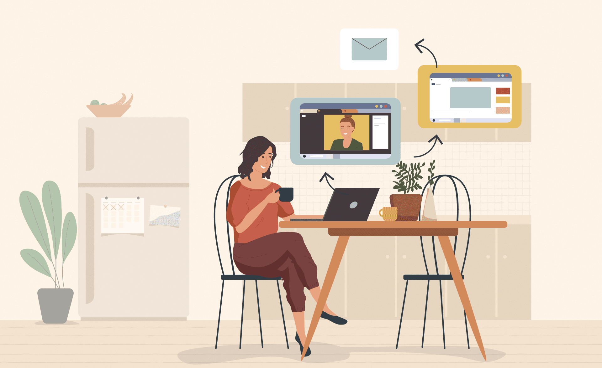 Illustration of a woman working remotely at her kitchen table with a laptop, holding a coffee mug. On-screen visuals show a video call, an email icon, and a web browser window, representing multitasking and digital collaboration from home.