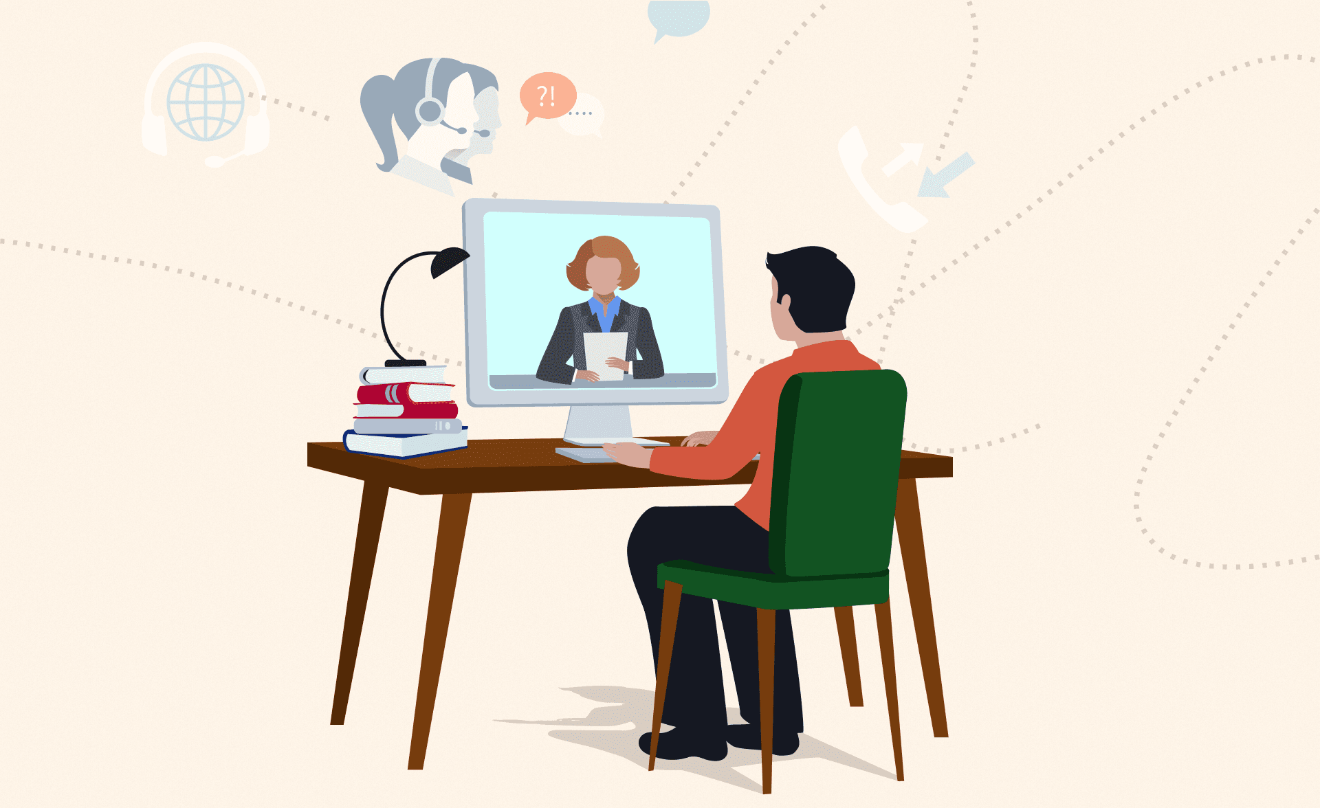 Man at desk in virtual meeting with woman on screen, surrounded by icons symbolizing online communication.