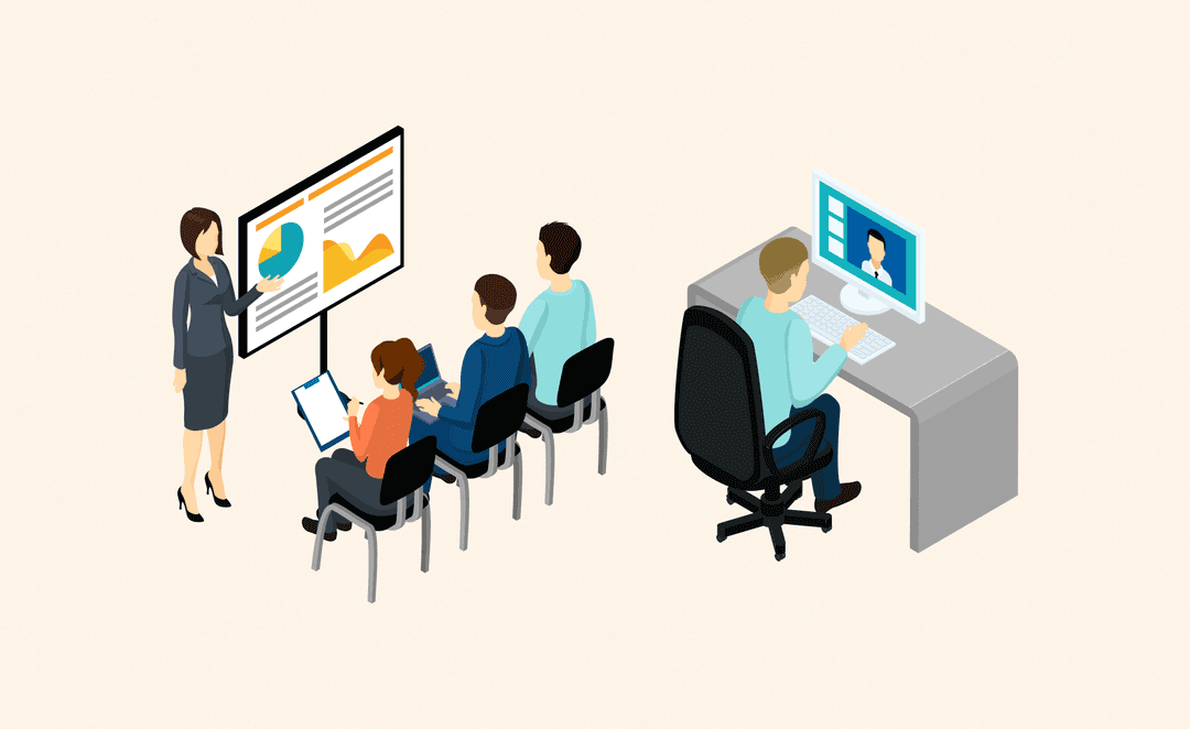 Illustration of sales training vs coaching: group of employees attending a presentation with charts, while one person receives one-on-one coaching via computer.