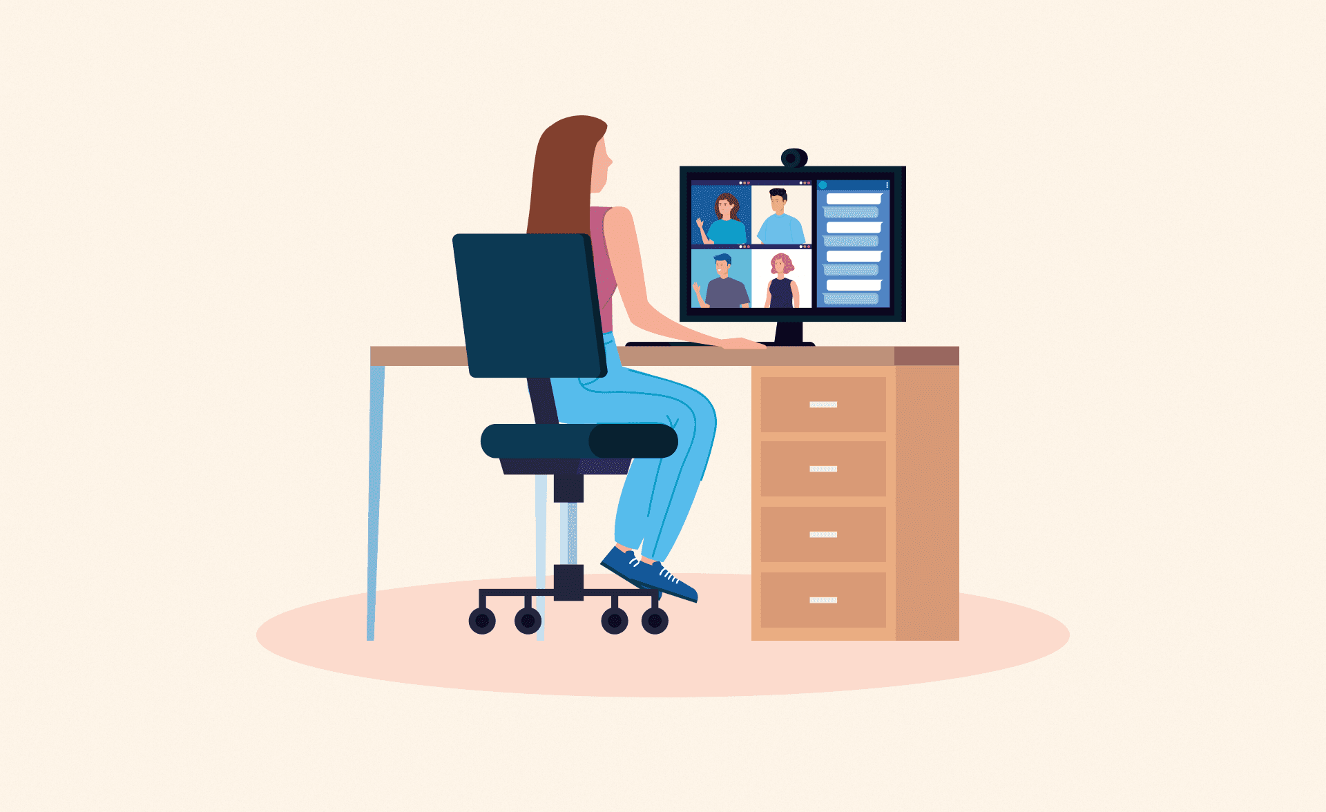 Illustration of a woman sitting at a desk in front of a computer, participating in a video conference call with four colleagues on the screen.